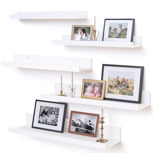 Upsimples Home Floating Shelves for Wall Décor Storage, Wall Shelves Set of 5, Small Picture Ledge Farmhouse Shelves, Wall Mounted Wood Shelves for Living Room, Bedroom, Bathroom, Kitchen, White