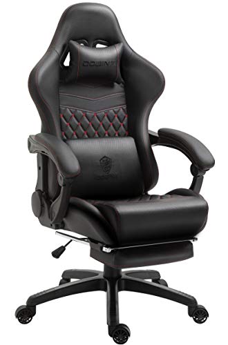 Dowinx Gaming/Office PC Chair with Massage Lumbar Support, Vintage Style PU Leather High Back Adjustable Swivel Task Chair with Footrest (Black and Red)