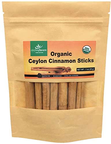 Organic Ceylon cinnamon sticks, True or Real Cinnamon, Premium Grade, Harvested from a USDA Certified Organic Farm in Sri Lanka 1 oz / 28 g (3' cut 6 to 7 sticks)