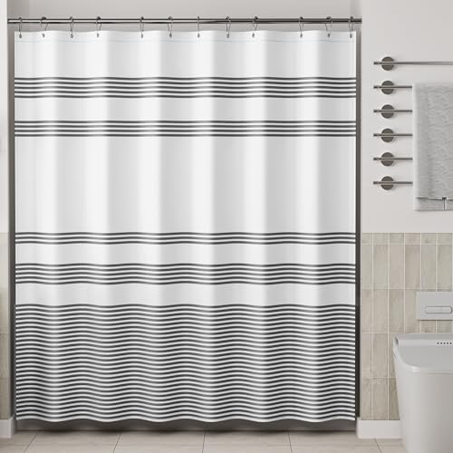 AmazerBath Shower Curtain, Washable Cloth Black Shower Curtain Sets with 12 Shower Curtain Hooks, Fabric Rustic Black and White Striped Shower Curtain, Farmhouse Bathroom Shower Curtain, 72x72 Inches