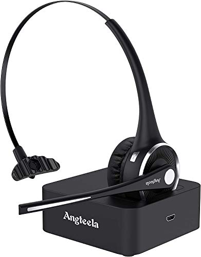 Trucker Bluetooth Angteela Headset with Microphone, Wireless Cell Phone Headset with Noise Canceling Mic Charging Base Mute Function for Home Office Call Center Skype
