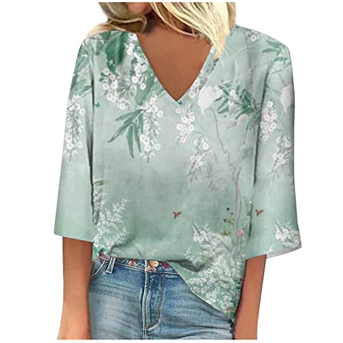 Lightning Deals Boho Clothes for Women Western Shirts Sleeveless Tops Summer 3/4 Length Sleeve Tops for Women 2024 Fashion Floral Print Tshirt Sexy Ladies V-Neck Basic Daily Blouse (GrE，L)