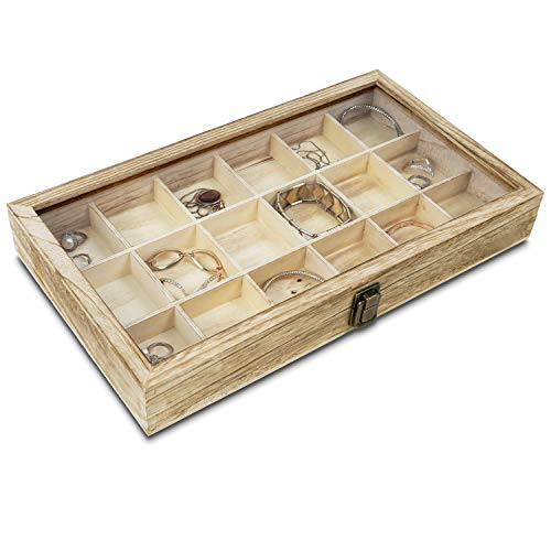 MOOCA Wooden Jewelry Display Case with Tempered Glass Lid & 18 Compartments Tray, Rock Collection Box, Crystal Display Case, Oak Color