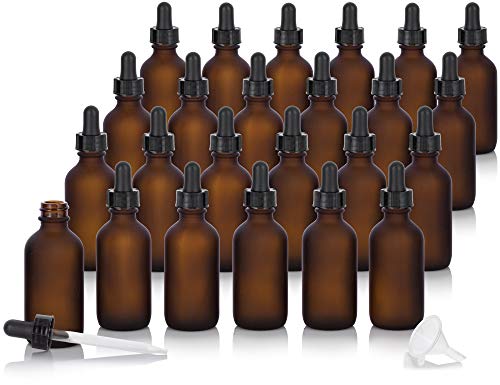 JUVITUS 2 oz / 60 ml Frosted Amber Glass Boston Round Empty Bottle Containers with Black Glass Dropper (24 pack) + Funnel
