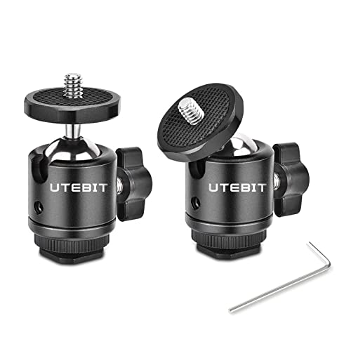 UTEBIT 2 Pack Mini Ball Head with 1/4' Hot Shoe Mount Adapter Max Load 5.5lb 360° Swivel Tripod Ball Head for DSLR Camera Camcorder, Light Bracket