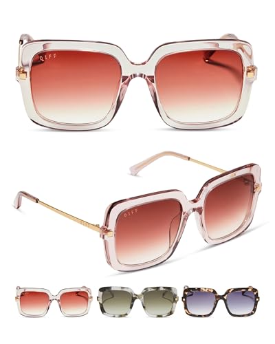 DIFF Sandra Designer Oversized Square Sunglasses for Women UV400 Protection, Light Pink Crystal + Dusk Gradient