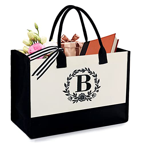 BeeGreen Gift Baskets for Women Gifts for Sister Customized Inspirational Gifts for Office Female Coworkers Bride Wedding Beach Canvas Tote Bag For Mom Teachers Friends Initial Birthday Gifts B