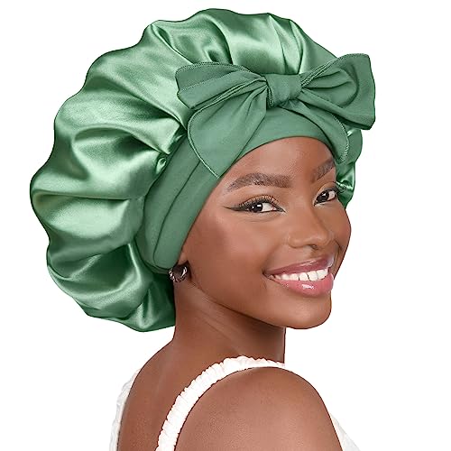 YANIBEST Satin Bonnet Silk Bonnet for Sleeping Double Layer Satin Lined Black Hair Bonnet with Tie Band Bonnets for Women Natural Curly Hair