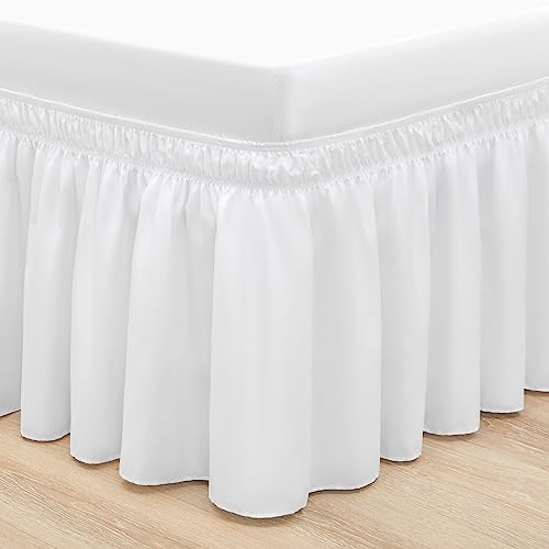 RIMELA White Bed Skirt Queen 15 Inch Drop Silky Luxurious Fabric, Wrinkle and Fade Resistant with Adjustable Elastic Belt Easy to Install Machine Washable Dust Ruffles Bedskirt for Matress Box Spring