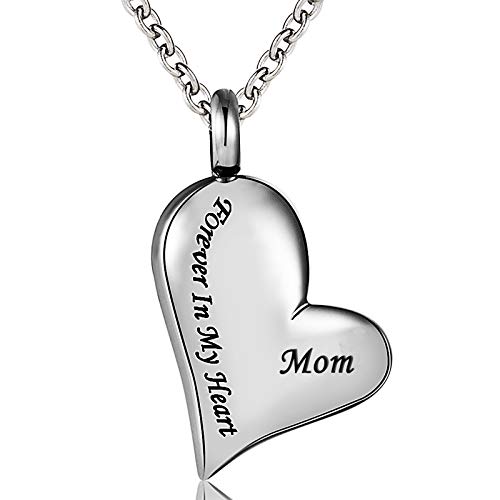 Cremation Urn Necklace MOM Forever in My Heart Stainless Steel Keepsake Waterproof Memorial Heart Pendant