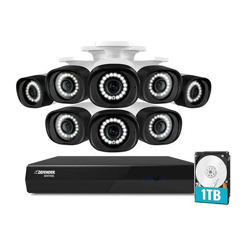 Defender Sentinel 4K Ultra HD Wired PoE Security Camera System with 1TB 8Ch NVR and 8 Outdoor Surveillance Color Night Vision Metal 8MP/4K Cameras, Smart Human Detection, Spotlight and Mobile App