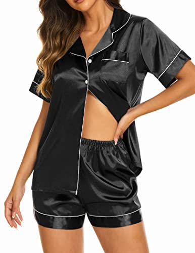 Ekouaer Satin Pajamas for Women Short Sleeve Sleep Shirt with Shorts Silky Soft Lingerie Pjs Set Black,L