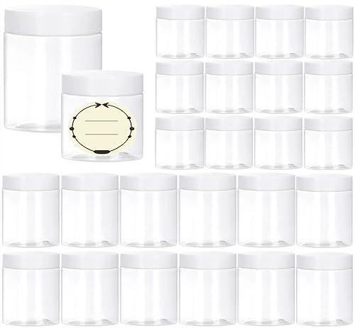 TUZAZO 24 Pack Empty Plastic Slime Containers with Lids and Labels - 12pcs 8 OZ and 12pcs 4 OZ Small Plastic Jars for Lotion, Cream, Ointments, Makeup, Glitters, Samples, Travel Storage