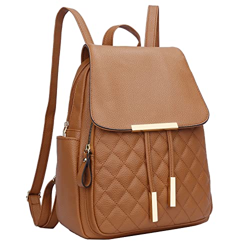 KKXIU Quilted Trendy Leather Backpack Purse for Women and Ladies Shoulder Travel Daypacks Bags (Brown)