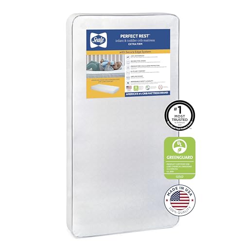 Sealy Perfect Rest Premium Firm Hypoallergenic Baby Crib Mattress & Toddler Bed Mattress, Waterproof Baby Mattress, 150 Coils, Air Quality Certified, Made in USA, 52'x28'