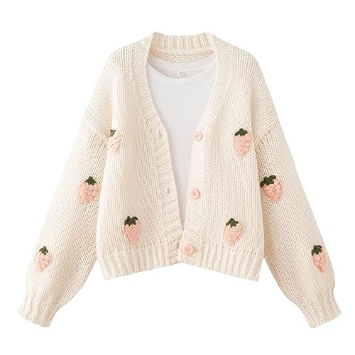 FindThy Women’s Kawaii Strawberry Embroidered Cardigan Long Sleeve V Neck Chunky Knitted Cardigans Tops(1143-Pink-OneSize-LB)