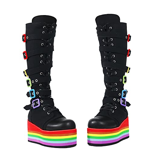 SaraIris Women's Knee High Boots Chunky Rainbow Sole Colorful Buckle Lace-up Platform Boots Halloween Cosplay Motorcycle Boots
