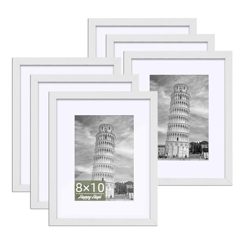 HappyHapi 8x10 Picture Frame, 6 Pack Wood Photo Frame Display Pictures 5x7 with Mat or 8x10 Without Mat Multi Picture Frames Collage for Tabletop or Wall Display (White)