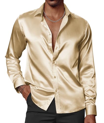 PJ PAUL JONES Men's Gold Silk Satin Dress Shirts Button Down Shiny Date Night Prom Wedding Shirt with Bow Tie L