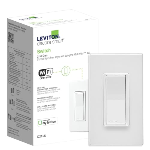 Leviton Decora Smart Switch, Wi-Fi 2nd Gen, Neutral Wire Required, Works with Matter, My Leviton, Alexa, Google Assistant, Apple Home/Siri & Wired or Wire-Free 3-Way, D215S-2RW, White