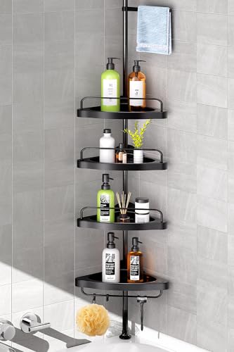 Corner Shower Caddy Tension Pole: Adjustable Stainless Steel Shower Organizer with 4 Tier Shelf for Bathroom Bathtub Tub Shampoo -Floor Standing Rack Bath Storage Holder with Rust Proof Rods - Black