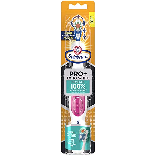 Spinbrush ARM & HAMMER Spinbrush PRO+ Extra White Battery-Operated– Spinbrush Battery Powered Toothbrush Removes 100% More Plaque- Soft Bristles -Batteries Included