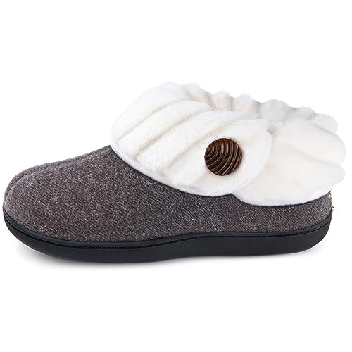 Wishcotton Women's Fuzzy Felt Slippers, Ladies' Closed Back House Shoes with Nonslip Rubber Sole, Grey, Size 9