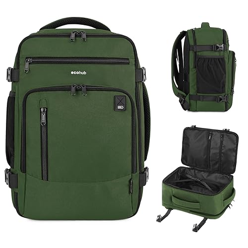 ECOHUB 16'' Travel Backpack Carry On Underseat Airline Approved Personal Item Travel Bag with Multi-Pockets Laptop Backpack Casual Daypack Small Backpack Lightweight for Women Men, Green
