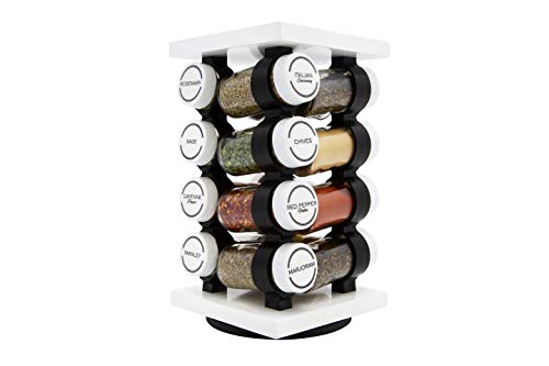 Orii Spice Rack 16 Jar Set White Filled with Spices - Rotating Standing Rack Shelf Holder & Countertop Spice Rack Tower Organizer for Kitchen Spices, Free Spice Refills for 5 Years