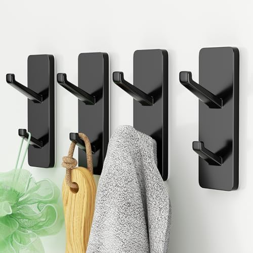 Self Adhesive Wall Hooks for Hanging: Stick-On Hooks Hold 13 LB, Black Coat Hook,Towel Hooks For Bathrooms,Shower Hooks for Wall,Door Hooks Hanging Towel, Kitchen Hook,Metal hooks for hanging,4 Pack