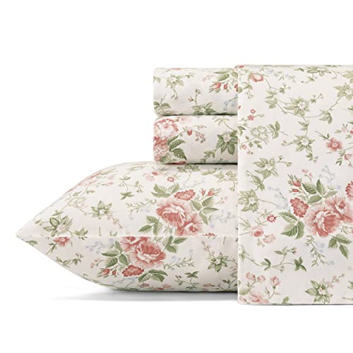 Laura Ashley - Queen Sheets, Soft Sateen Cotton Bedding Set - Sleek, Smooth, & Breathable Home Decor (Lilian Coral, Queen)