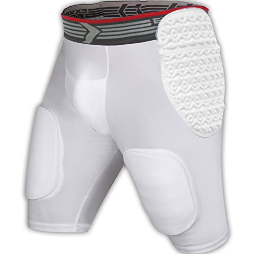 Exxact Sports Rebel 5-Pad Adult Football Girdle for Men with Integrated Hip, Thighs, Tailbone Pads, Padded Compression Shorts, Mens Girdle Football with Cup Pocket (White, AM)