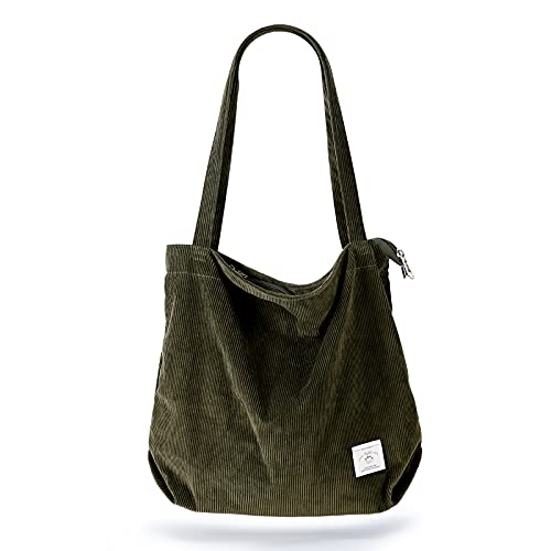 KALIDI Large Totes Bag Women Corduroy Shoulders Handbag Lightweight Shopping Purse with Zipper Pockets, Green