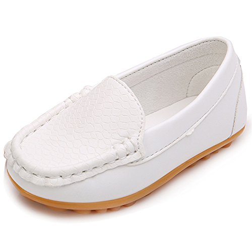 LONSOEN Toddler/Little Kid Boys Girls Soft Synthetic Leather Loafer Slip-On Boat-Dress Shoes/Sneakers,White,SHF103 CN26