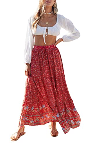 ZESICA Women's 2024 Bohemian Floral Printed Elastic Waist A Line Maxi Skirt with Pockets,Red#2,Medium