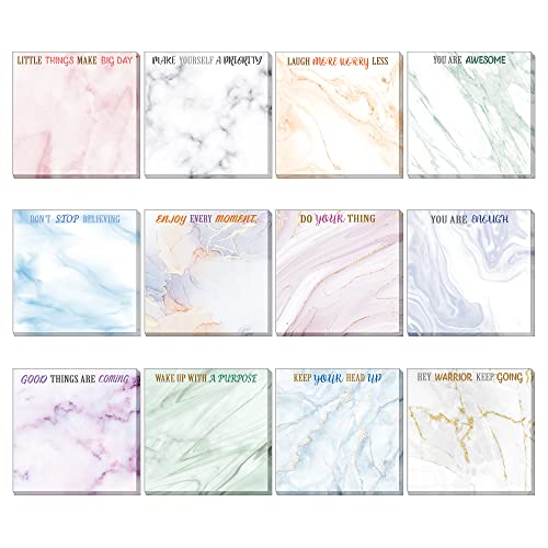 12 Pcs Inspirational Sticky Notes 3 x 3 Inch Motivational Fun Notepads 50 Sheets Each Positive Gifts for Teacher Nurse Coworkers Work Studying Supplies (Marble Pattern Style)