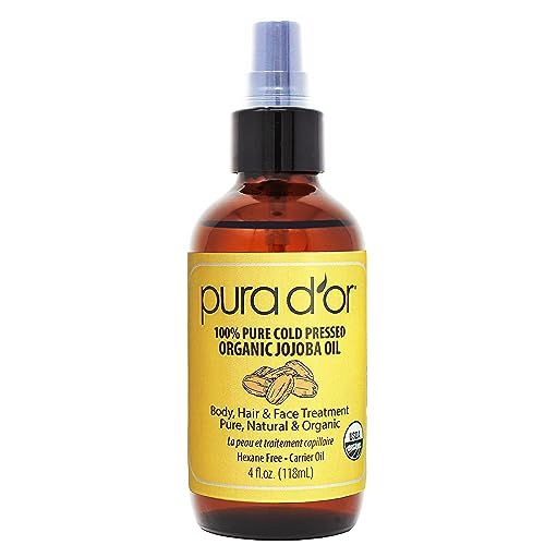 PURA D'OR Organic Jojoba Oil (4oz / 118mL) 100% Pure USDA Certified Premium Grade Natural Moisturizer: Cold Pressed,Unrefined,Hexane-Free Base Carrier for DIY Skin Care,Hair,Face & Nails