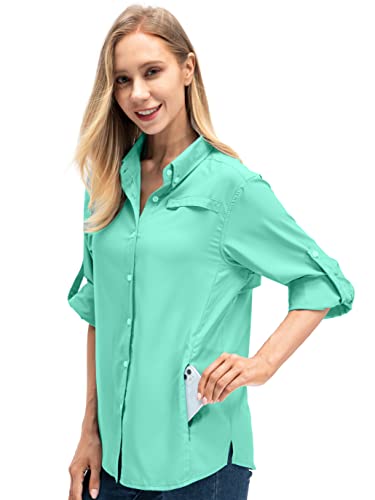 Women's Quick Dry Sun UV Protection Convertible Long Sleeve Shirts for Hiking Camping Fishing Sailing (5024 Blue L)