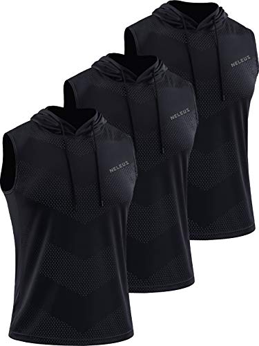 NELEUS Men's Workout Tank Tops Sleeveless Running Shirts with Hoodie,5098,3 Pack,Black/Black/Black,L