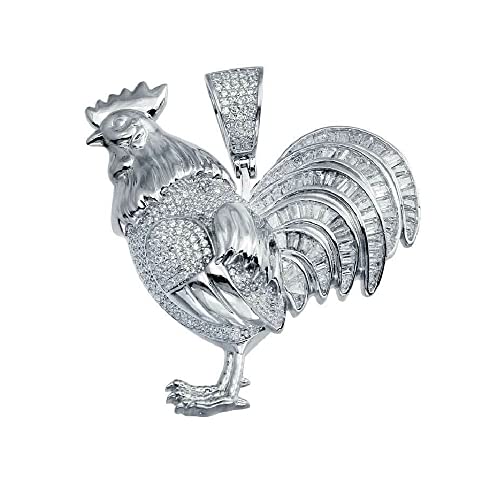 SURANO DESIGN JEWELRY Men's Sterling Silver Rooster Hip Hop Pendant w/Micro Pave CZ Stones