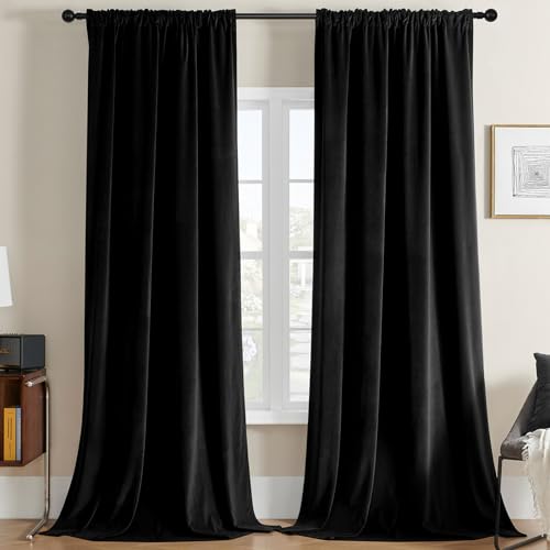 Joydeco Black Velvet Curtains 90 inch Length 2 Panels, Luxury Blackout Rod Pocket Thermal Insulated Window Curtains, Super Soft Room Darkening Drapes for Living Dining Room Bedroom,W52 x L90 inches