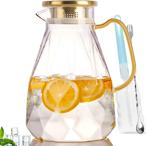 Yirilan Glass Pitcher,74oz/2.2 Liter Water Pitcher with Lid,Beverage Serveware,Iced Tea Pitcher,Water Carafe Handle,Heat Resistant Borosilicate Jug（with Mixing Spoon and Cup Brush）