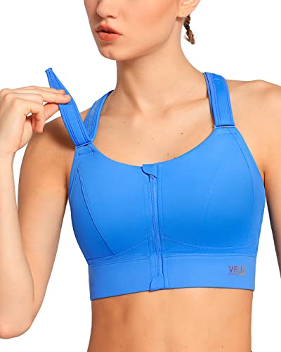 VFUS Sports Bras Adjustable Zip Front High Impact for Women Full Coverage Removable Pads (Medium, Blue)