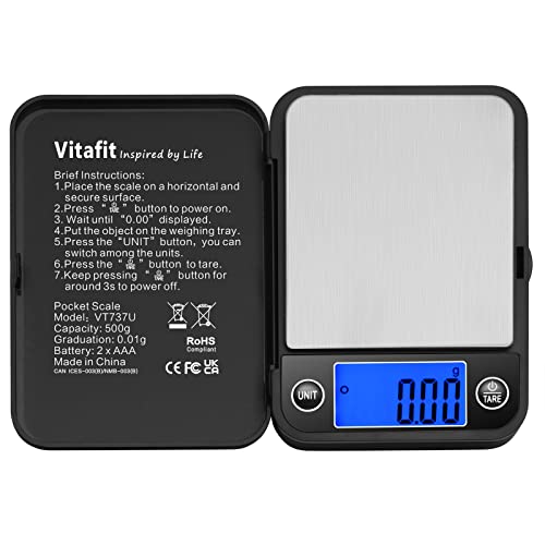 Vitafit 500g Digital Pocket Gram Scale 0.01g Accuracy, Weighing Professional Since 2001, High Precision Scale Grams for: Lab, Food, Kitchen, Coffee, Jewelry; Black