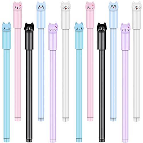 IBosins 12 Pieces Cute Cat Pen 0.5 mm Gel Kawaii Pens Black Ball Point Japanese Pens for Cat School Office Supplies Kawaii Accessories for Cat Lovers