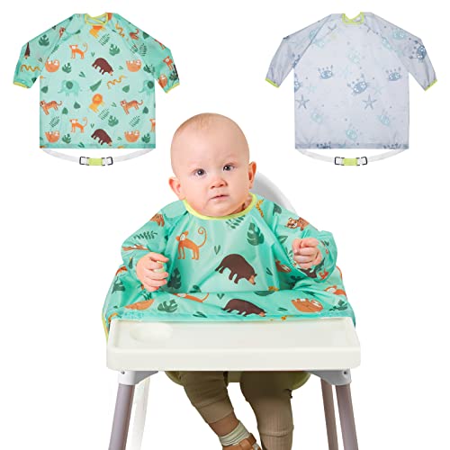 Lictin Coverall Baby Feeding Bibs - 2-Pack Long Sleeve Baby Bibs for Eating, Waterproof Bib Attaches to Baby Highchair and Table, Adjustable Weaning Bibs, High Chair Food Catcher