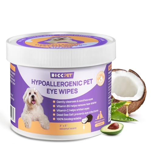 HICC PET Eyes Wipes for Dogs & Cats - Gently Remove Tear Stain, Eye Debris, Discharge, Mucus Secretions - Coconut Oil Pet Cleaning Grooming Deodorizing Wipes for Eyes, Wrinkle, Face - 100pcs