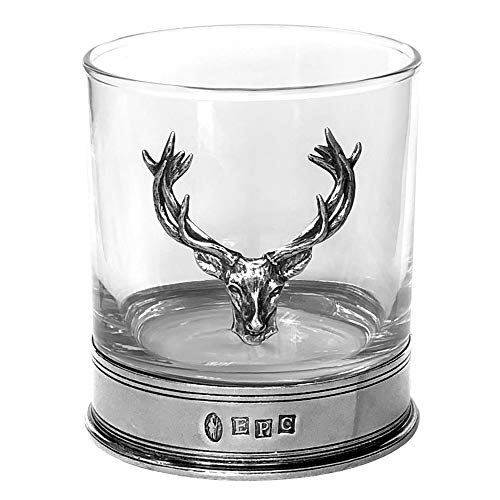 English Pewter Company 11oz Old Fashioned Whisky Rocks Glass With Stag Deer Head Antler and Pewter Base [STAG104]