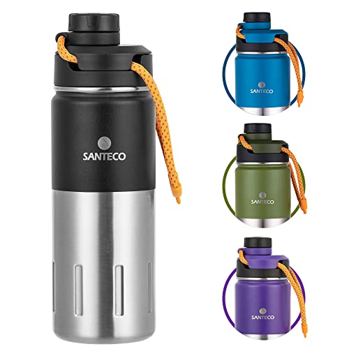 Insulated Water Bottles 17 oz, Santeco Stainless Steel Bottle with Lanyard & Wide Mouth Spout Lid, Leak Proof, Double Wall Vacuum Water Bottle, Keep Drinks Hot & Cold for Hiking Camping