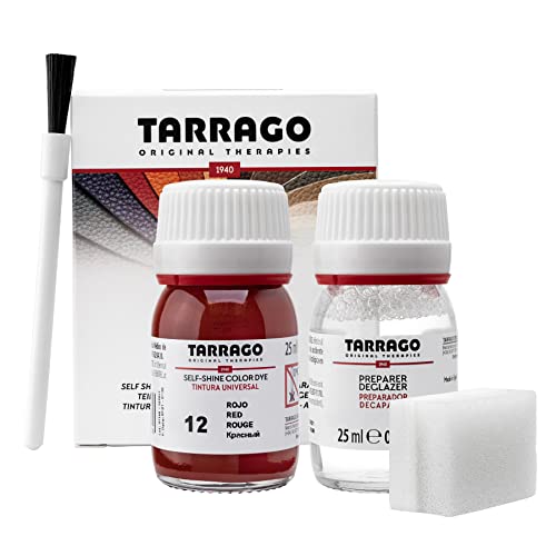 Tarrago Leather Dye Kit with Deglazer and Applicator - Restore & Recolor Shoes, Boots, Purses, Wallets, Jackets, and Furniture - Rich Pigment - 25mL - Red #12
